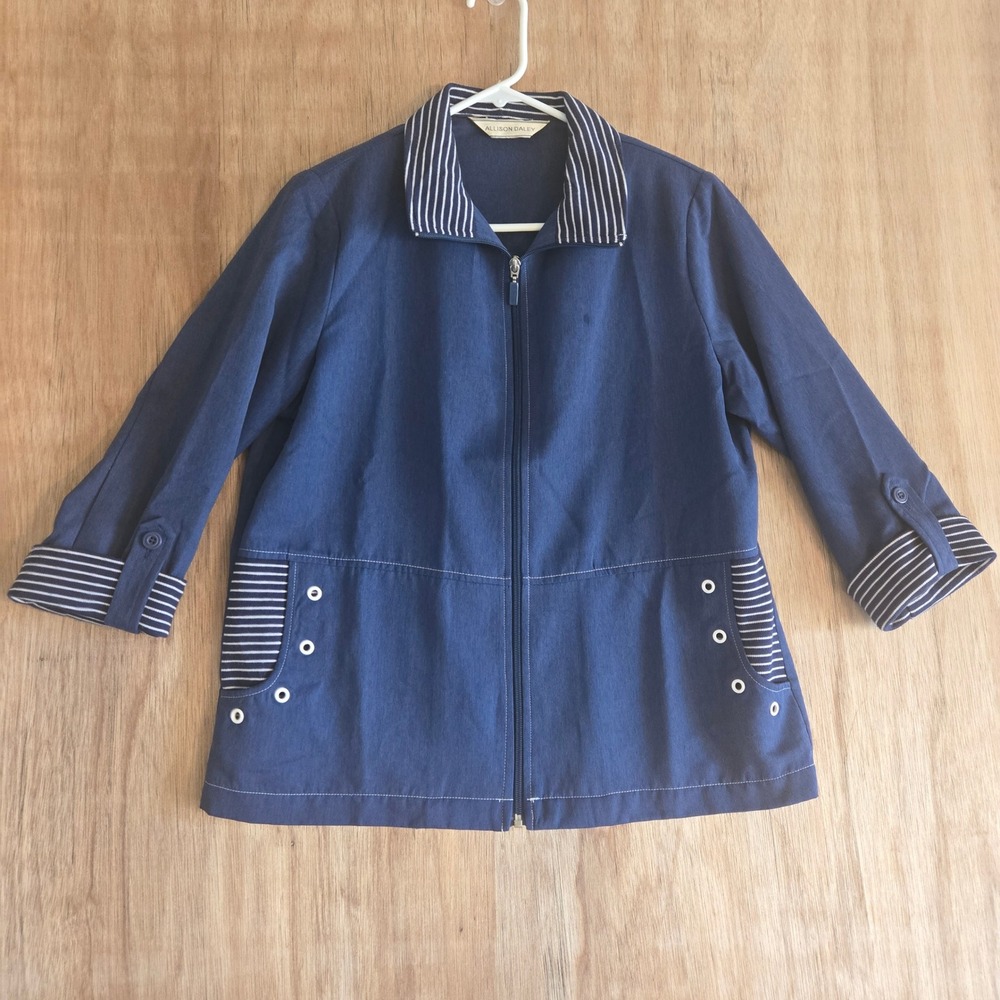 Naurical Coastal Grandmother Allison Daley Navy Zip Up Jacket Striped Trim L